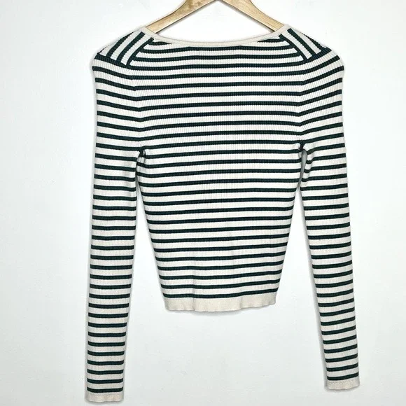 Madewell Ribbed Button Up Knit Top Cream Green Striped Womens XS Long Sleeve - Picture 7 of 7